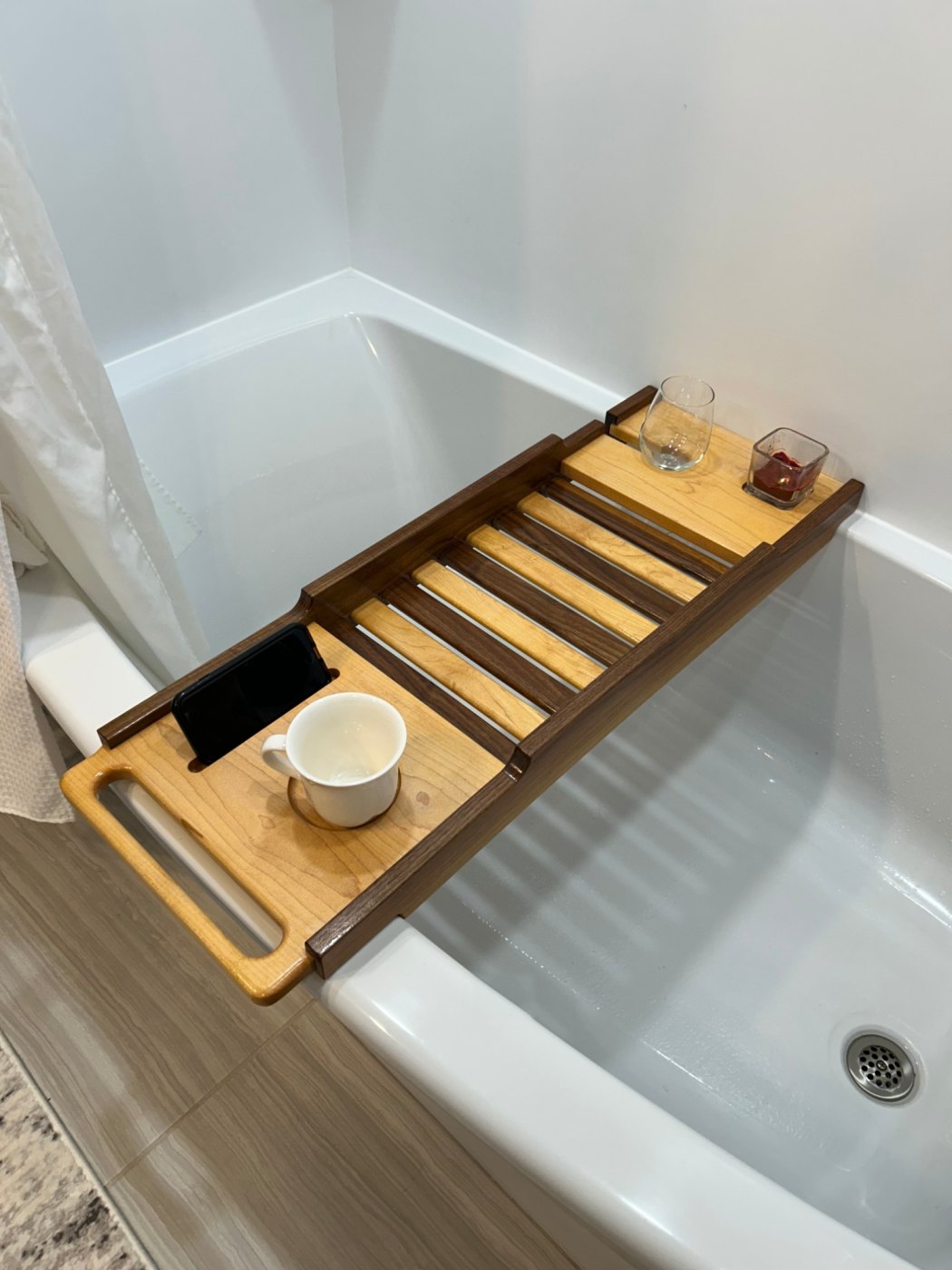 Bath caddy, maple and walnut